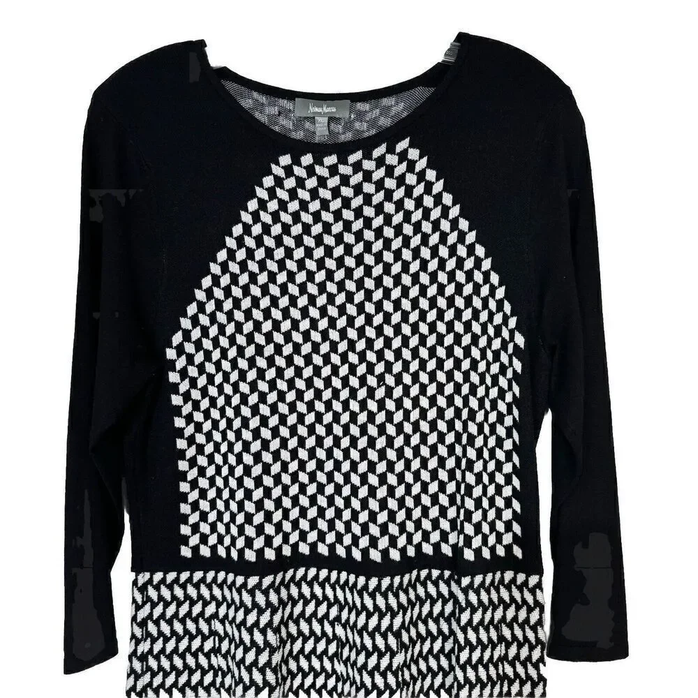 Neiman Marcus Womens Sweater Dress XL (16-18) Black White Geometric‎ Long Sleeve